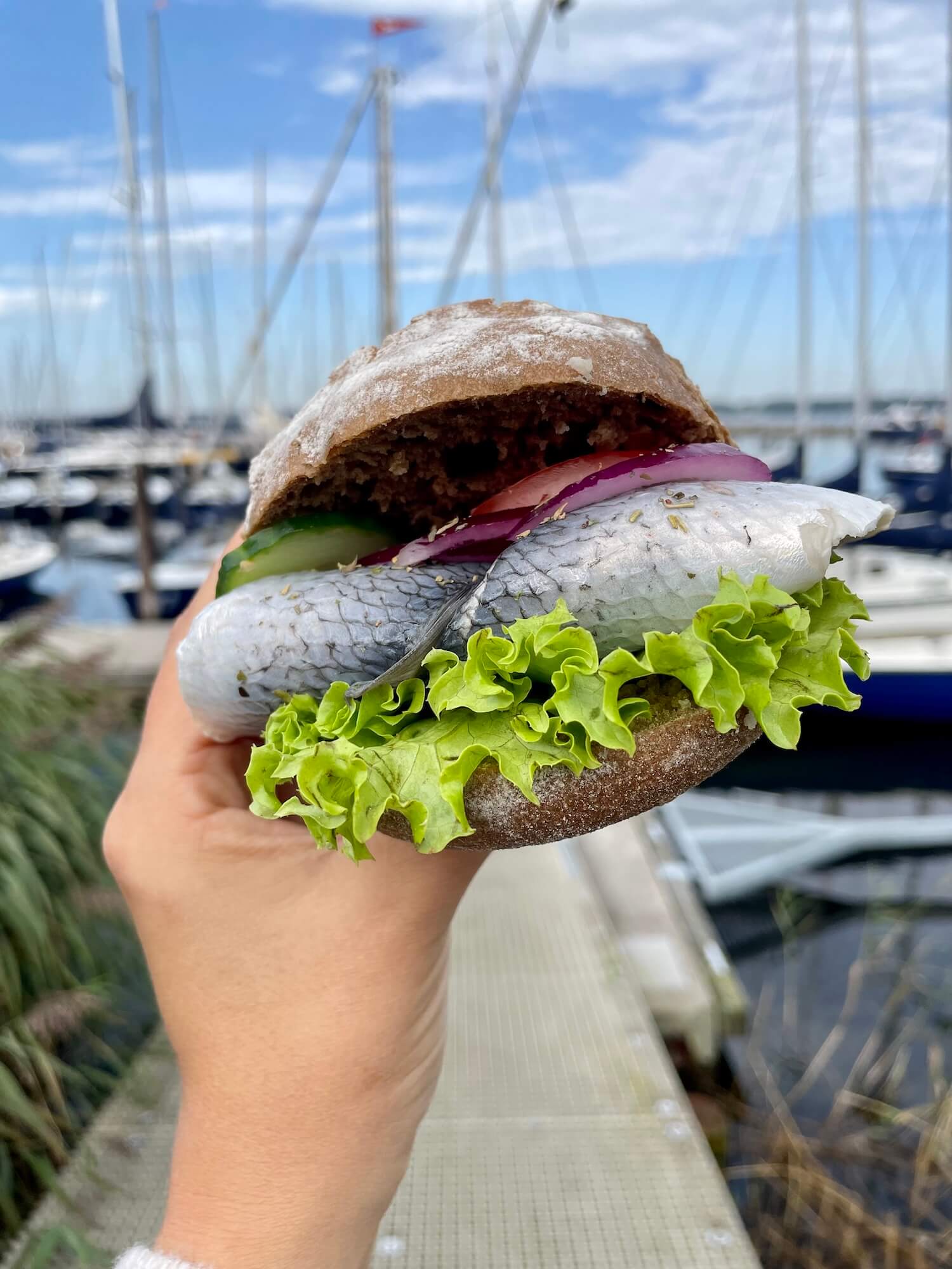 Fischbrötchen in der Hand im Schiffercafé Kiel